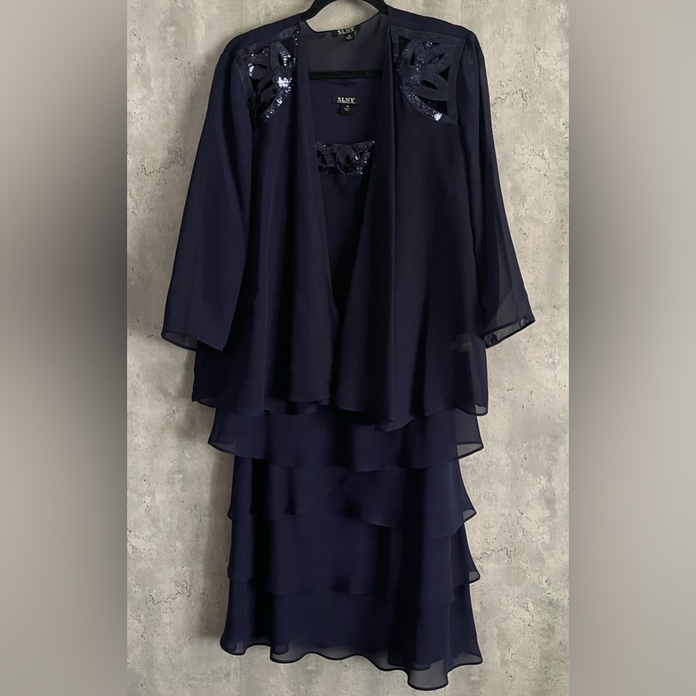 SL Fashions NY Dark Blue Embellished, Tiered 2PC Jacket Dress Sz 16